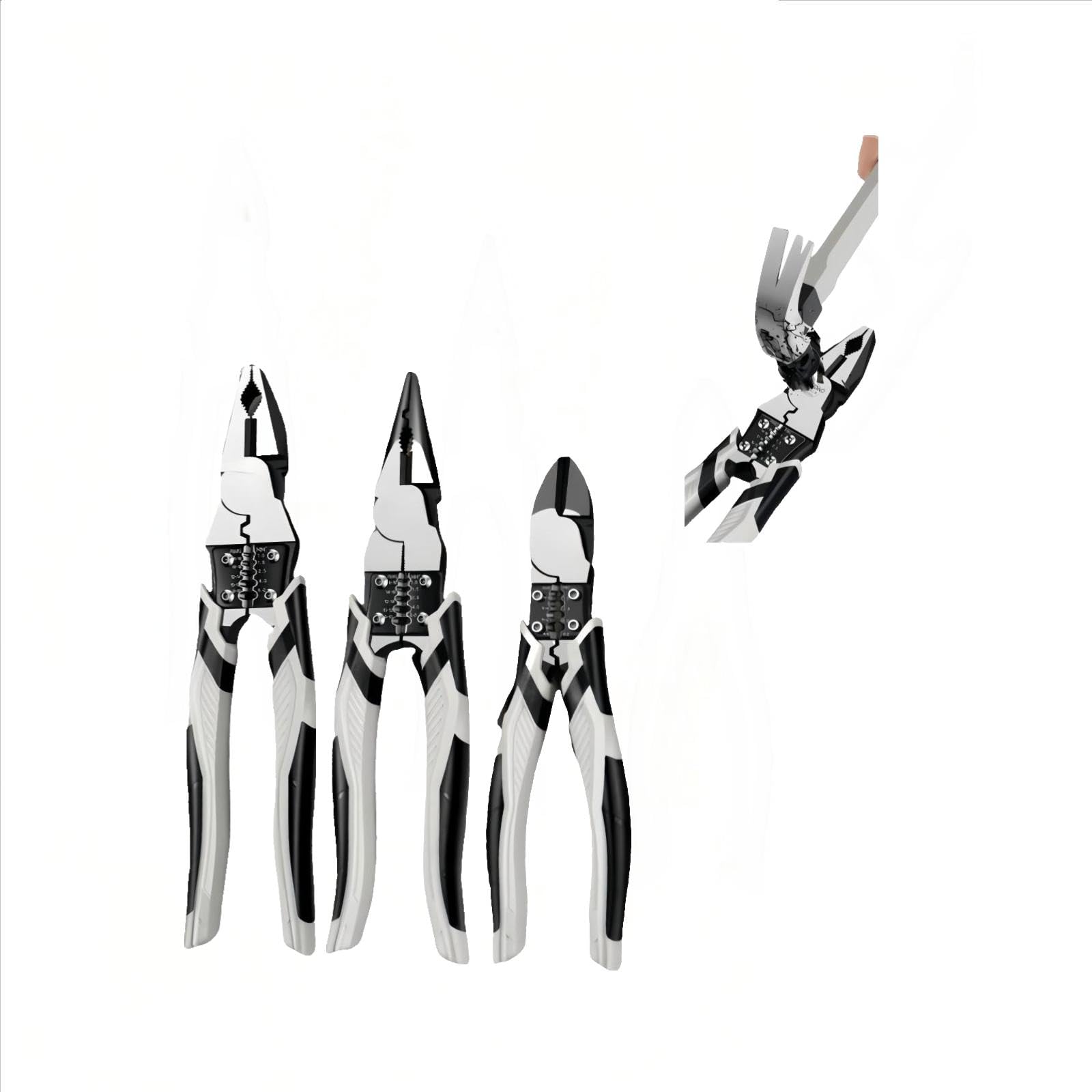 

This tool pliers set includes a large pliers set with an knife that doubles as a a long nose pliers a wire pliers and a needle nose pliers three-piece чёрный