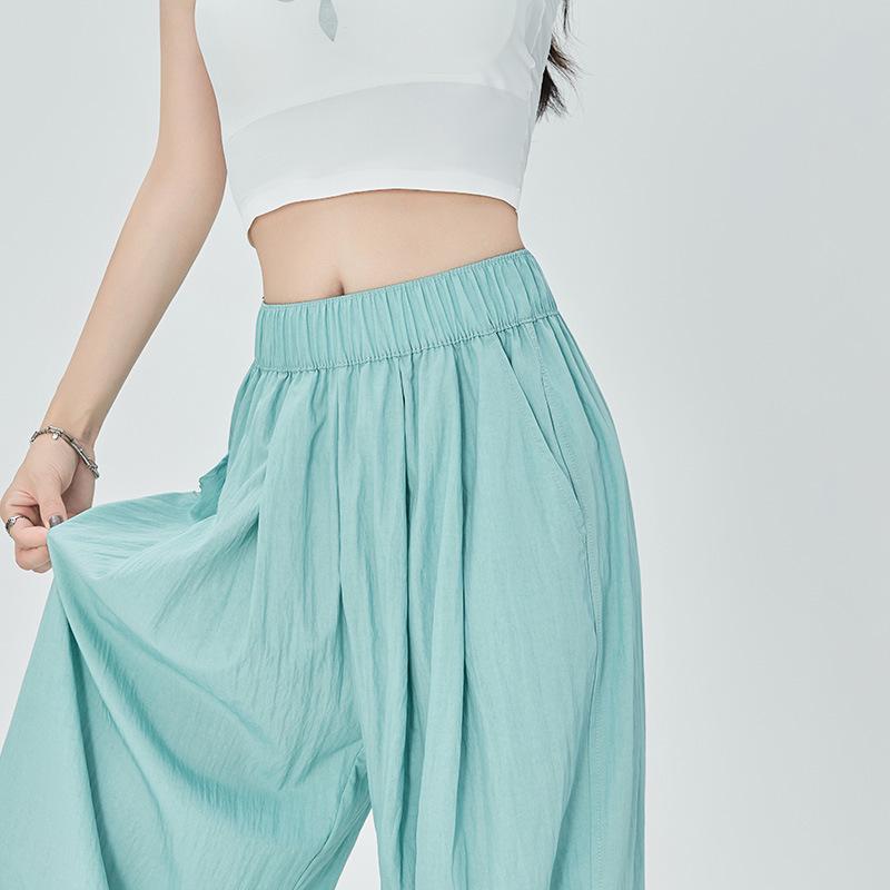 

Women s Summer Blue Wide-Leg Ice Silk Pants - Casual Pleated Zen Style Large