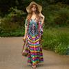 EDOLYNSA 2023 Boho Print Bikini Cover-ups Sexy Batwing Sleeve Maxi Dress Women Marocký Kaftan Robe Beach Wear Plavky Cover Up Q1450