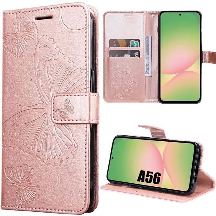 Coque de protection - BOOLING - Samsung Galaxy A56 5G - Cuir PU - Antichoc - Motif Papillon - Rose