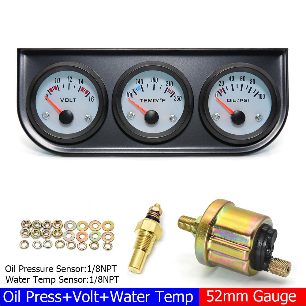 2" 52MM Triple-Anzeige 3 in 1 Wassertemperaturanzeige Öldruckanzeige Öltemperaturanzeige mit Sensor 1/8 NPT Spannung für Rennwagen