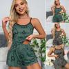 2 Pcs/Set Women O Neck Sleeveless Top Elastic Heart Print Strappy Pajamas Set High Waist Shirring