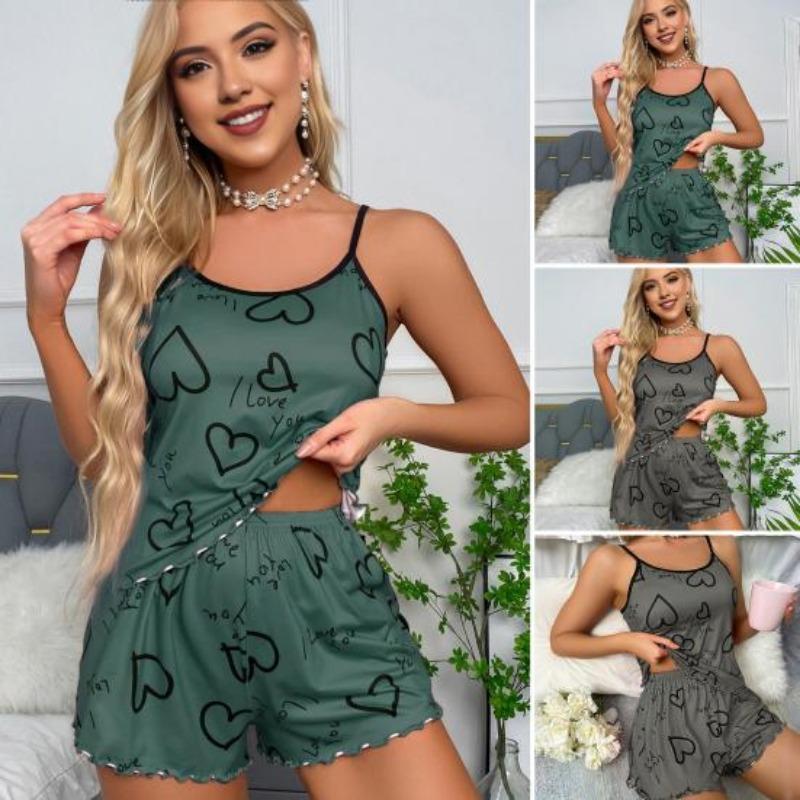 2 Pcs/Set Women O Neck Sleeveless Top Elastic Heart Print Strappy Pajamas Set High Waist Shirring