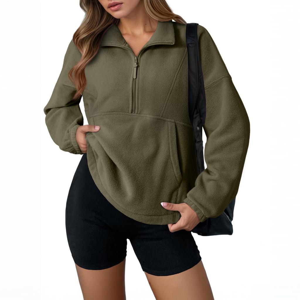 Women's Fleece Sporty Half-zipper Pullover, Fashionable Loose Long-sleeved Street-style Sweatshirt Top