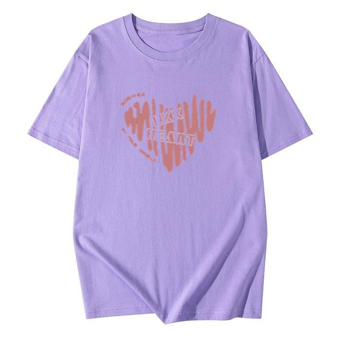 Women Plus Size Cotton T-Shirt Summer Short Sleeve Heart Print Mid-Long Loose Casual Pullover Top For 200lbs