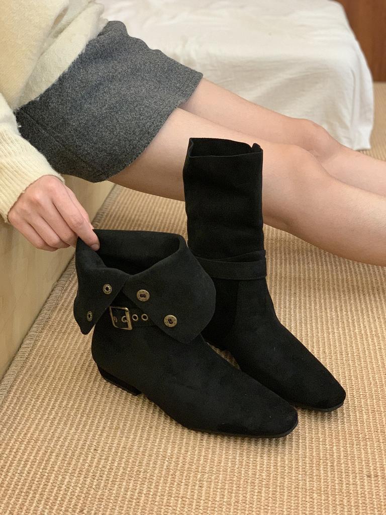 Grove Hak Suede Kleine Blote Laarzen Martin Laarzen Laarzen Riemgesp Twee Manieren te Dragen Omgeslagen Western Middelgrote Laarzen