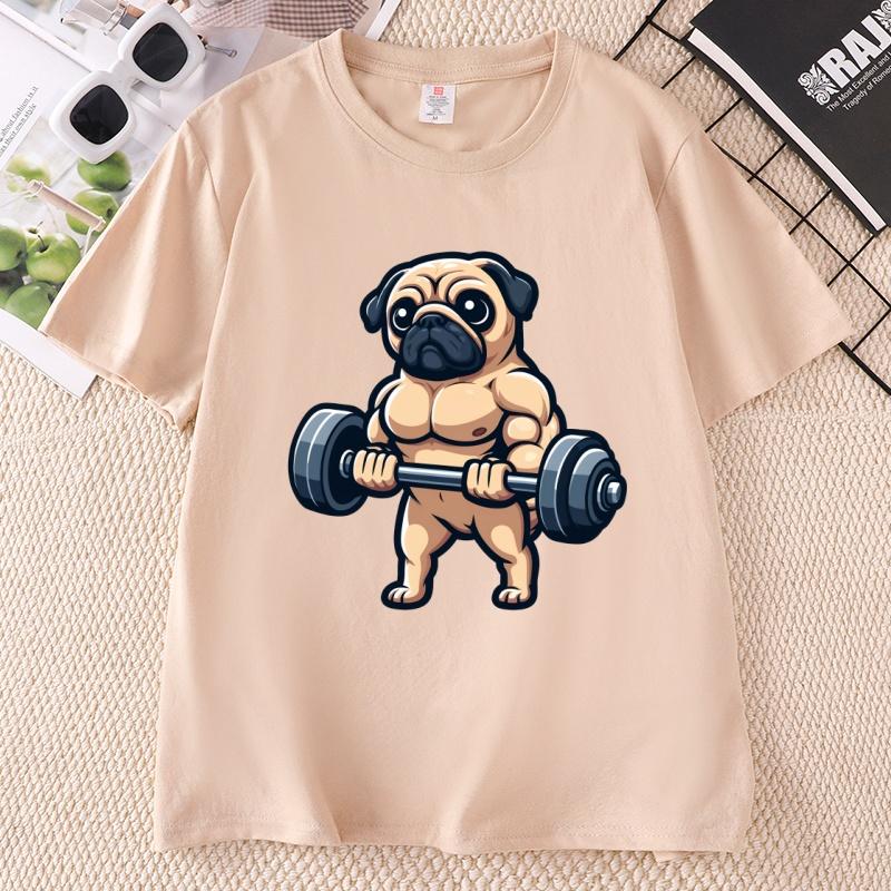 Pug Bodybuilding Weightlifting T Shirt Kawaii Cute Graphic T Shirts Casual Round Neck Printed Short Sleeve Tees Clothes