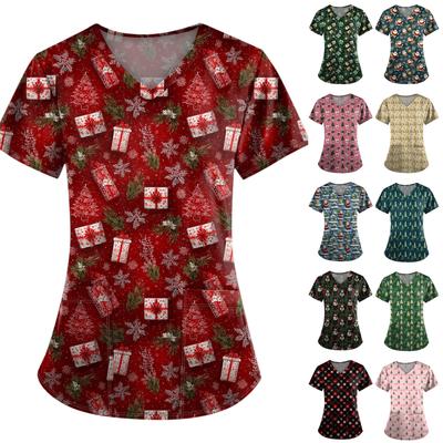 Damen Modisches V-Ausschnitt Tasche Kurzarm Weihnachtsbaum Bedrucktes Pflegekraft-Shirt