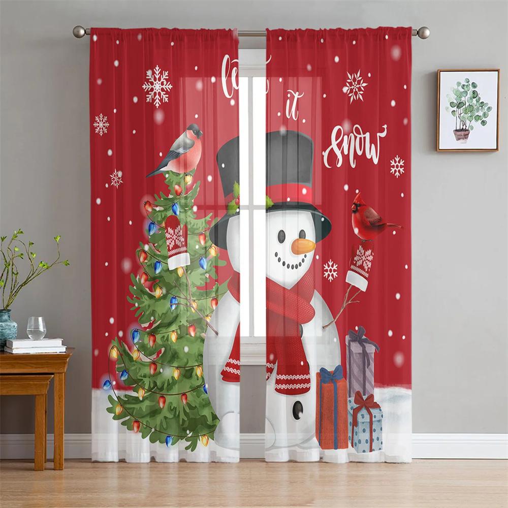 Cute Christmas Snowman Snow Scene Tulle Curtains Blinds for Living Room Bedroom Decoration Chiffon Sheer Voile Window Curtain2Pc