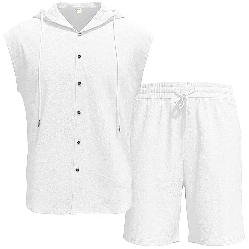 Men Shirt Shorts Two-piece Suit Hooded Sleeveless Shirt Adjustable Elastic Shorts Set Hiking Workout Summer Casual Outfit