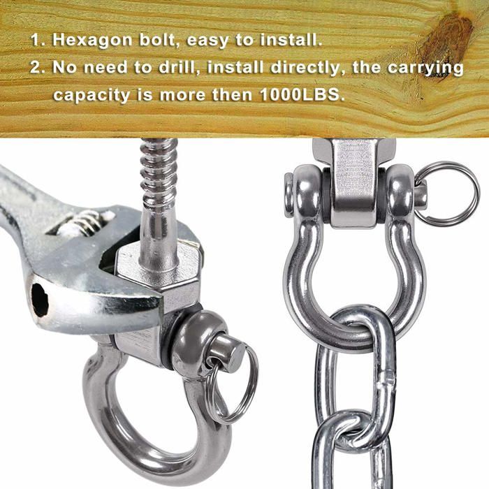 Crochet de balançoire 13 cm inox 304 pivotant avec mousqueton et chaîne 1 m – capacité 1000 lb