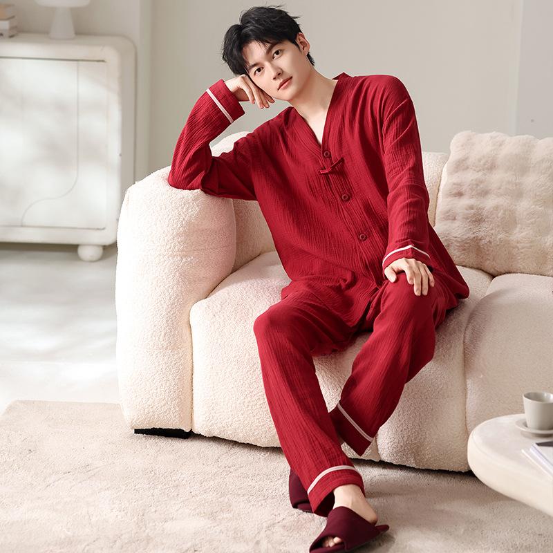Red pajamas men's spring, autumn and winter cotton long-sleeved natal year suit 1011 new festive wedding loungewear