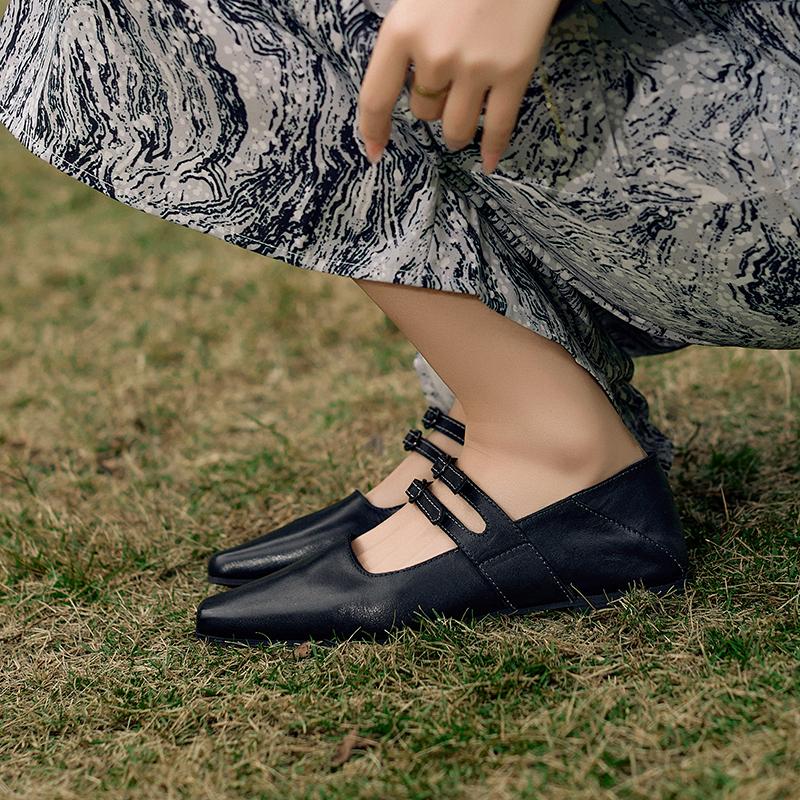 Fashion 2025 New Women Genuine Leather Mary Jane Flats Shoes Buckles Fashion Casual Square Toe Spring Summer Black Women Flat Shoes