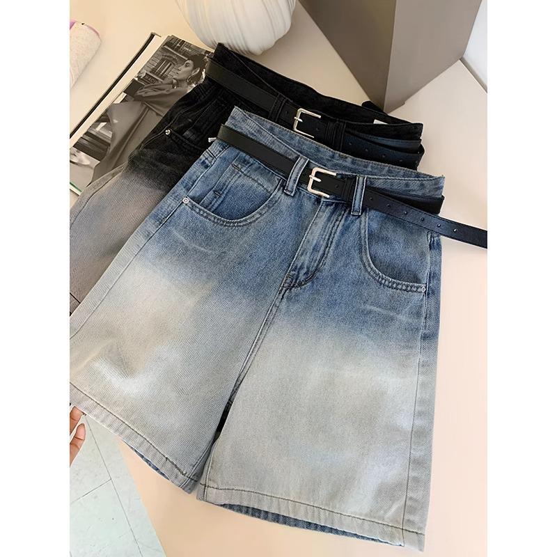 Women's Summer 2024 Gradient Denim High-Waisted Straight-Leg Shorts
