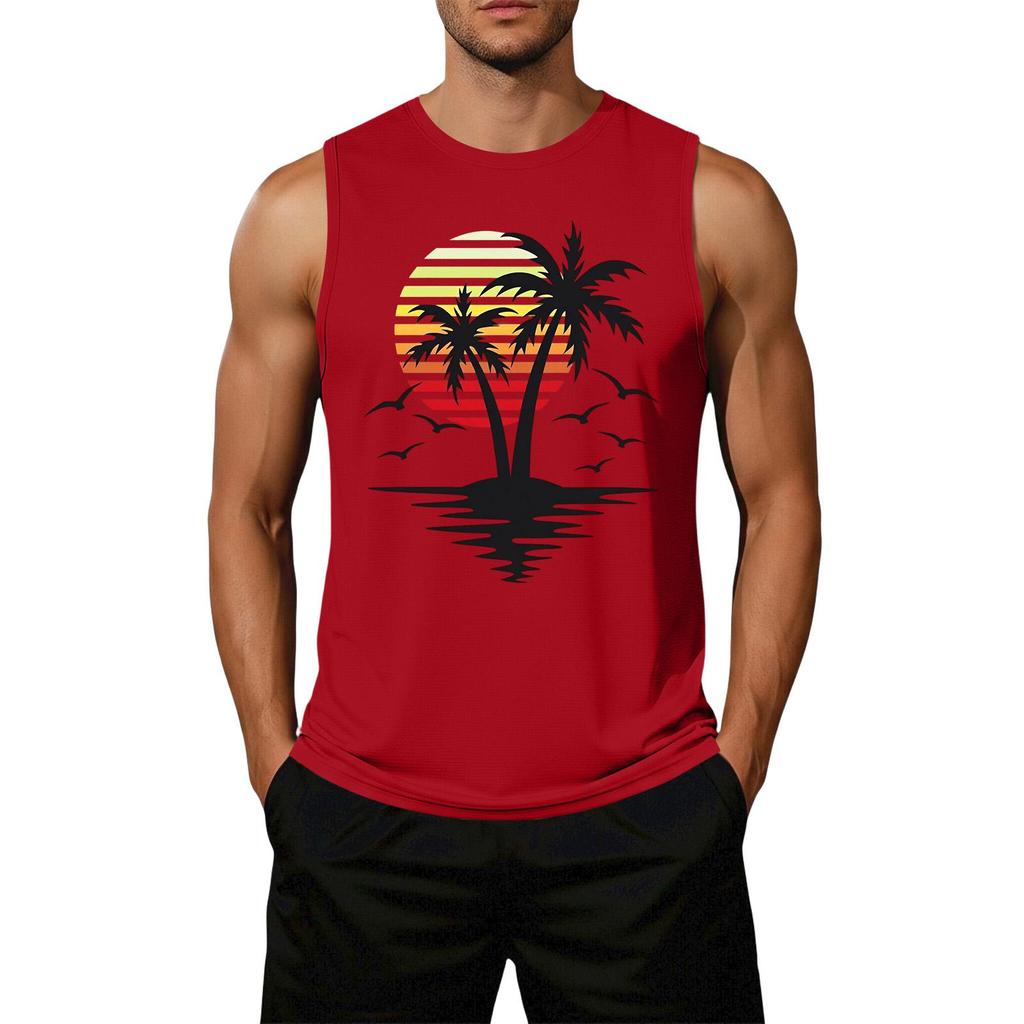 Men's Loose Fit Casual Sleeveless Tank Top Palm Tree Graphic Print Summer Beachwear Muscle Shirt