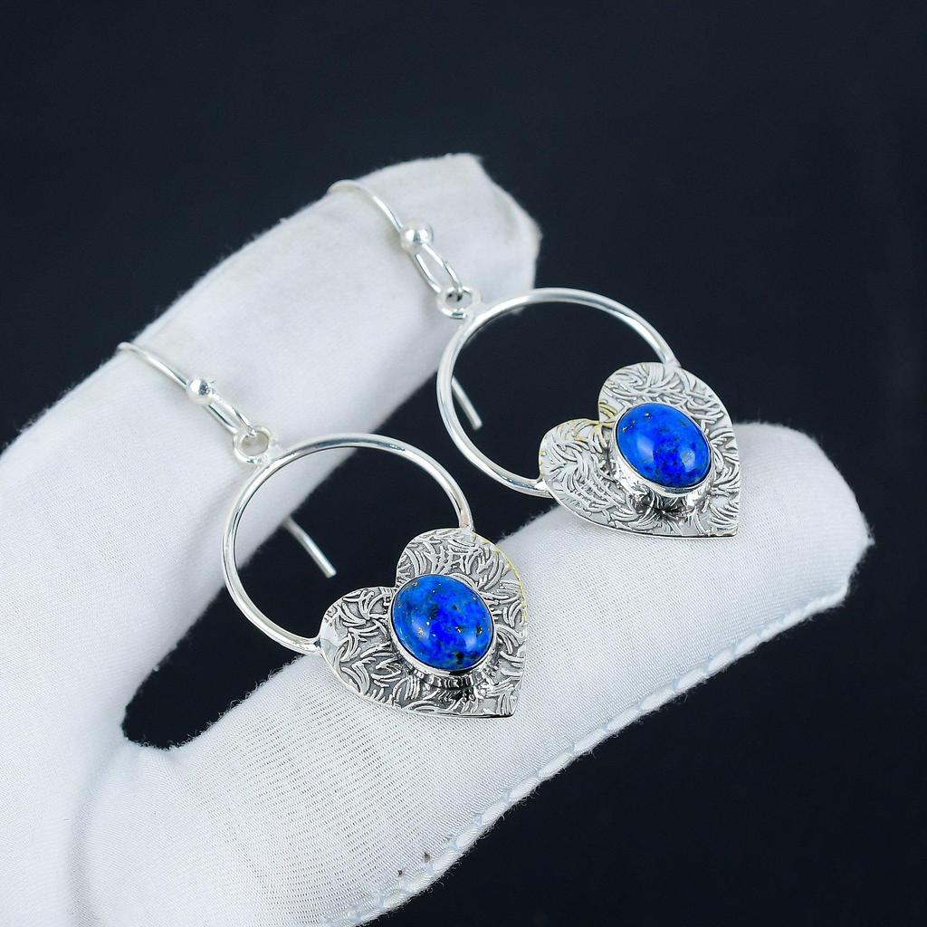 Natural Lapis Lazuli Gemstone Heart Shape Earrings, 925 Sterling Silver Earring, Handmade Boho Silver Jewelry Dangle Earrings, Mother's Day Gift