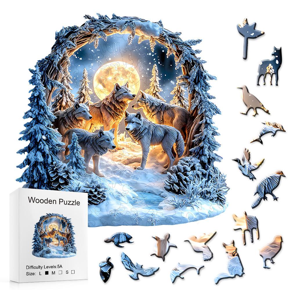 Wolf Wooden Puzzle In The Snow Forest Irregular Small Animal Pieces Flat Wooden Puzzle