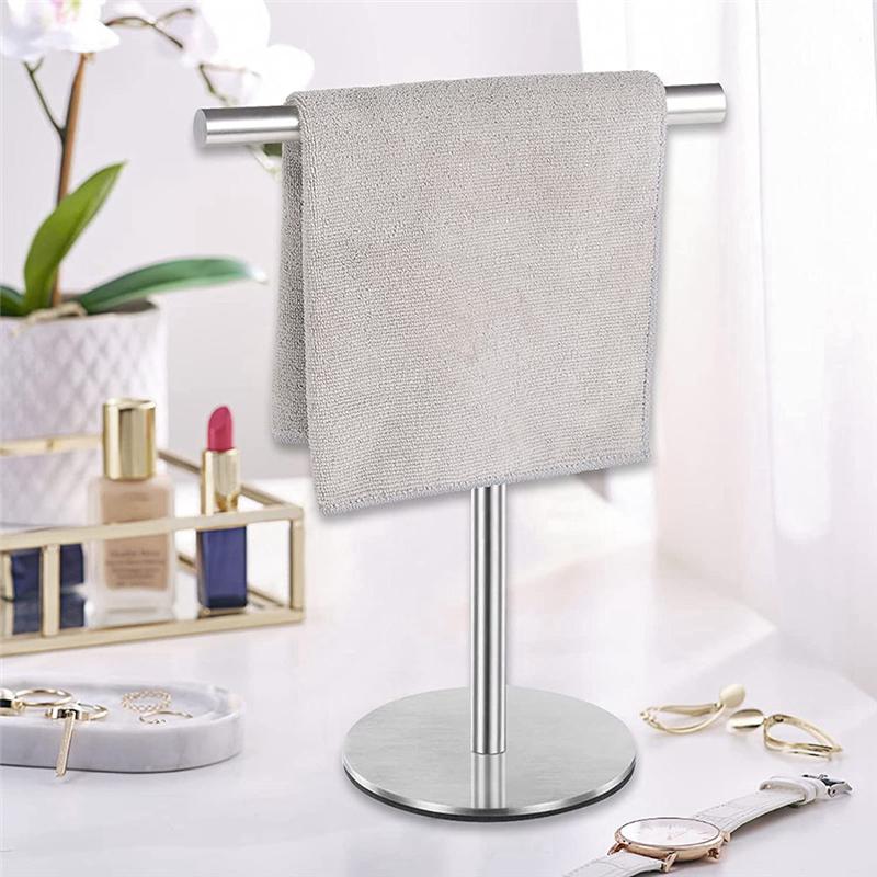 

Brushed Finish Standing Towel Rack, Heavy Duty Base, Stainless Steel T-Shaped Hand Towel Stand For Bathroom, Kitchen.