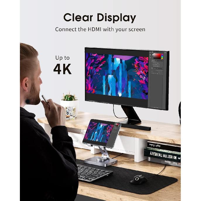 BYEASY iPad Stand, Laptop Docking Station, 8 in 1 iPad USB C Hub, Type-C Tablet Stand with HDMI, 3.5mm Jack, LAN, 100W PD Charging, 2*USB 3.0, SD/TF