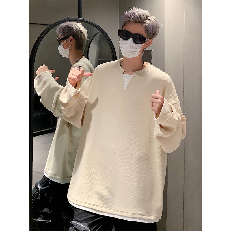 Zweiteiliges strukturiertes V-Ausschnitt-Sweatshirt für den Herbst, lässiges, trendiges Langarm-T-Shirt-Top für Herren