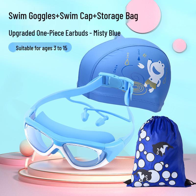 Children's Large Frame Anti-Fog Swim Goggles and Cap Set - Waterproof, HD, for Boys and Girls
