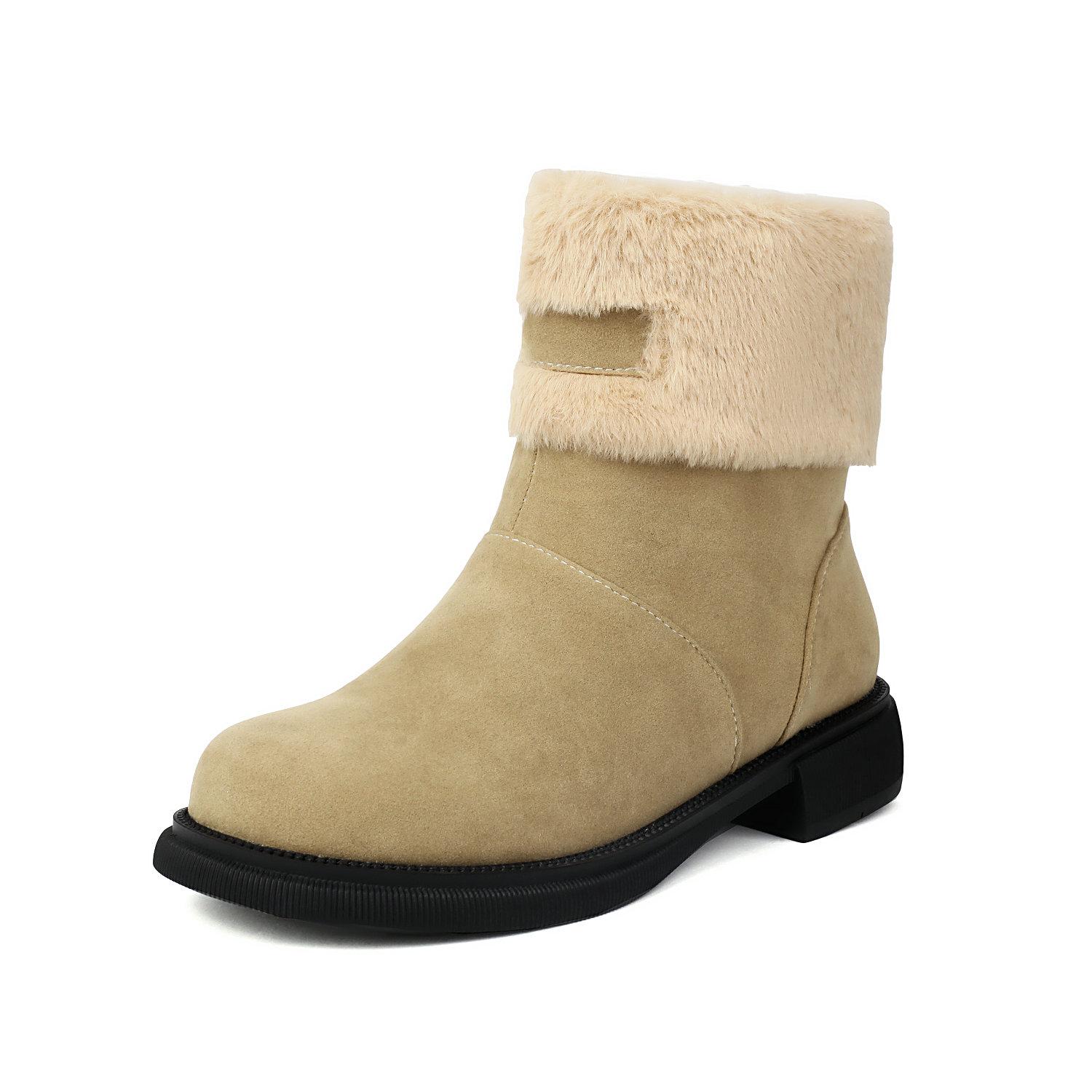 

Зимние женские сапоги 2025 года с теплой меховой подкладкой, ботильоны из флока на низком каблуке 34 бежевый