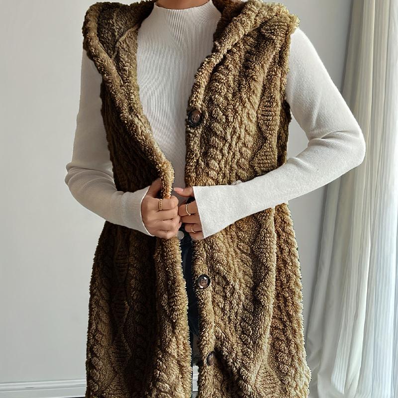 Női Kétoldalas Plüss Mellény Kapucnis Gombos Kardigán Ősz Tél Egyszínű