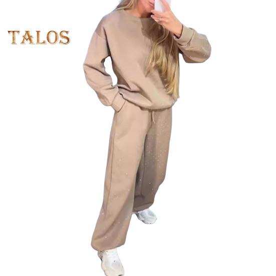 

2 шт./комплект женский топ брюки костюм круглый вырез длинный рукав стразы декор толстовка эластичный пояс широкие брюки повседневная одежда спортивный наряд осень XXXL абрикосовый