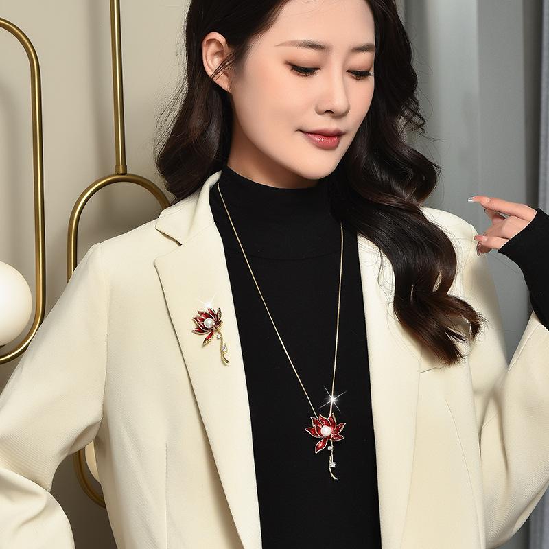 One For Autumn And Winter, Two Elegant Lotus Long Necklaces, Brooches, Women'S Enamel Pins, Freshwater Pearls.