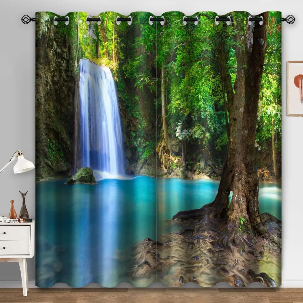 Rain Forest Waterfall Semi-Blackout Curtain Mountain Waterfall Flow Jungle Nature Scenery Print cortinas for Bedroom Living room