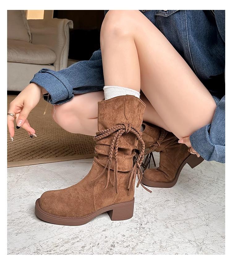 

Ретро Пустошь Ветер Бахрома Рыцарские Сапоги Толстый Каблук Но Колено Длинные Сапоги Узкие Сапоги на Меху Универсальные Полусапоги Женские Новые 40 темно-коричневого