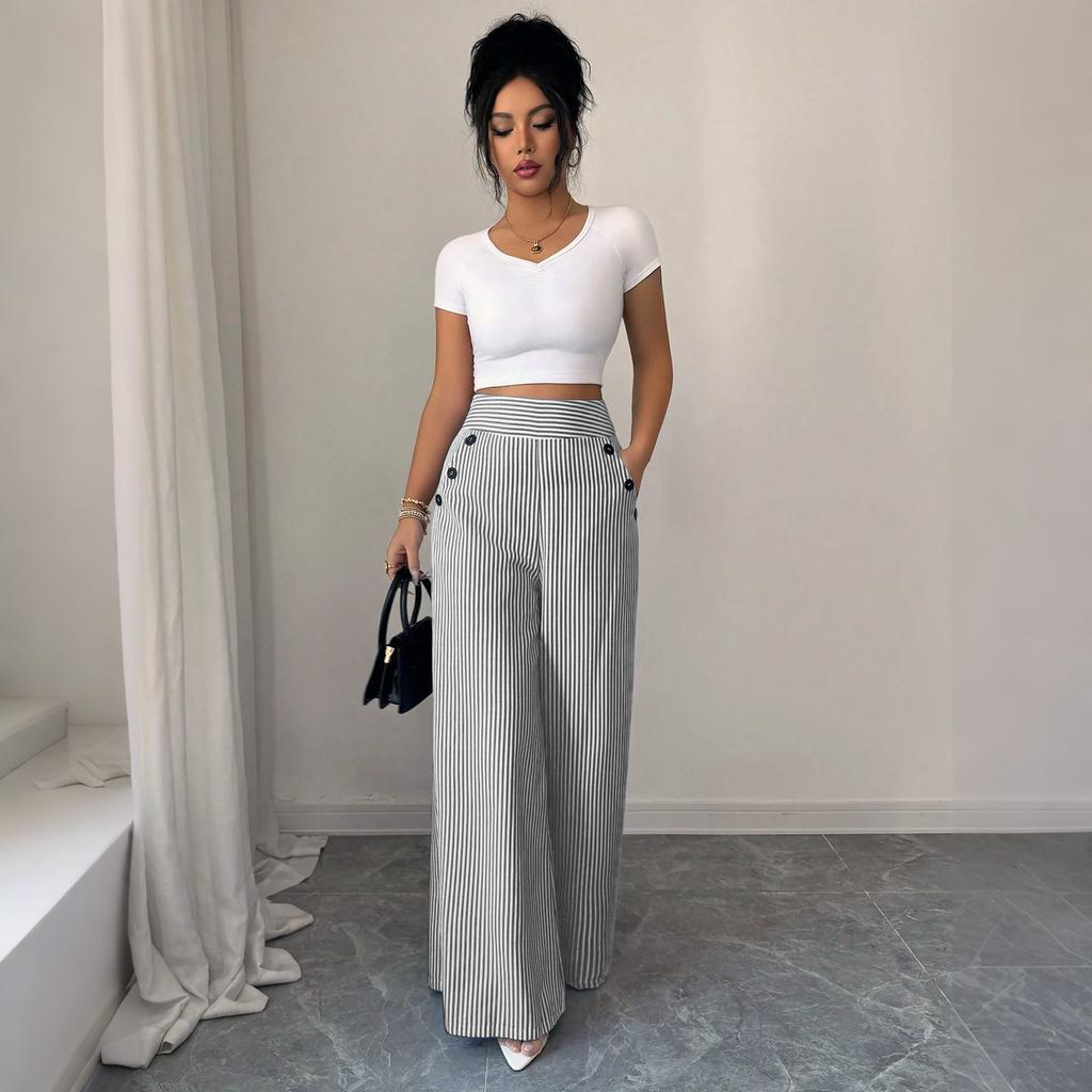 Flowy Pants for Women Casual High Waisted Wide Leg Palazzo Pants Long Trousers with Buttons and Pockets Plus Size