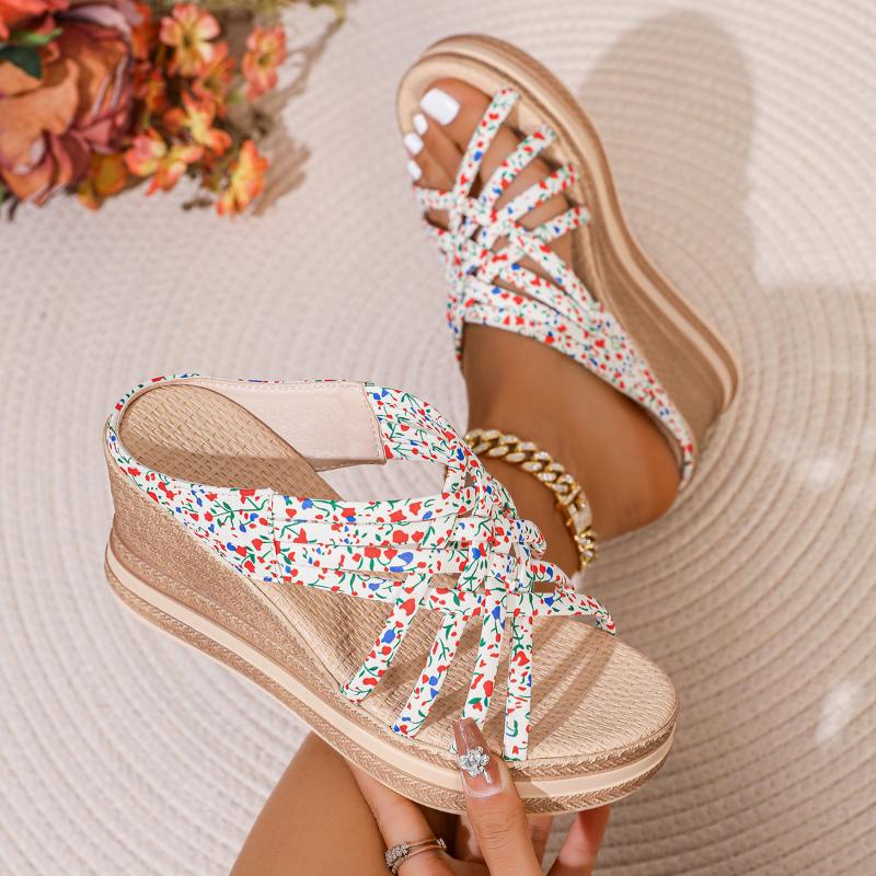 Fashion Wedge Slippers Summer New Round Head Open Toe Print Thin Belt Waterproof Platform Soft Sole Anti-slip Wear-resistant High Heels