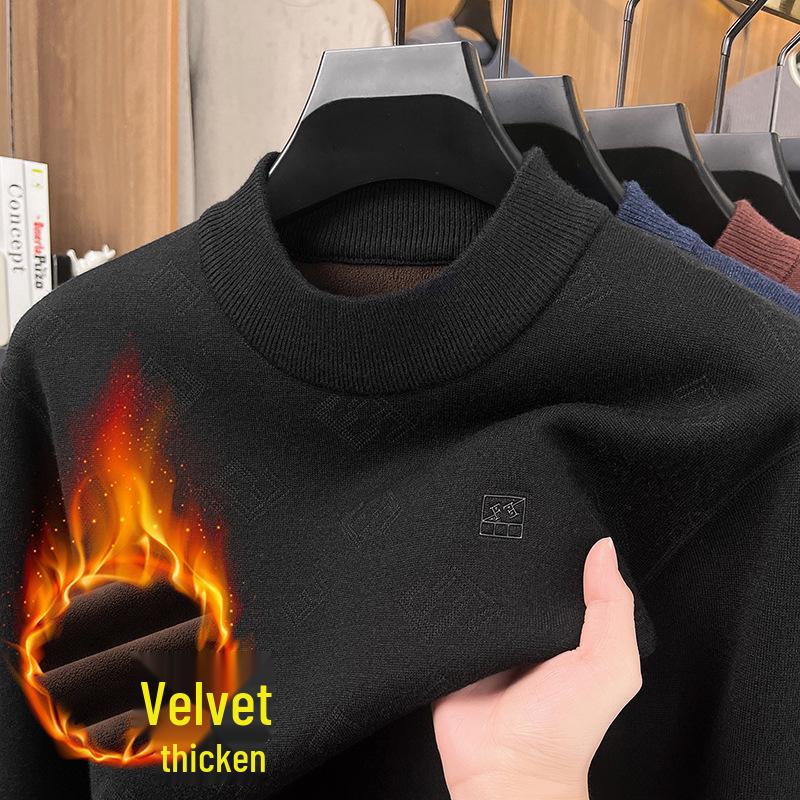 Men's Half-High Collar Jacquard Sweater with Velvet Lining - Warm, Skin-Friendly Knit Base Layer for Fall/Winter