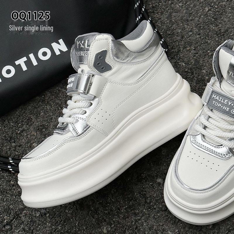 Women's High-Top Genuine Leather Velcro Sneakers with Thick Soles - Height-Enhancing Casual Sports Shoes for Spring & Autumn 2025