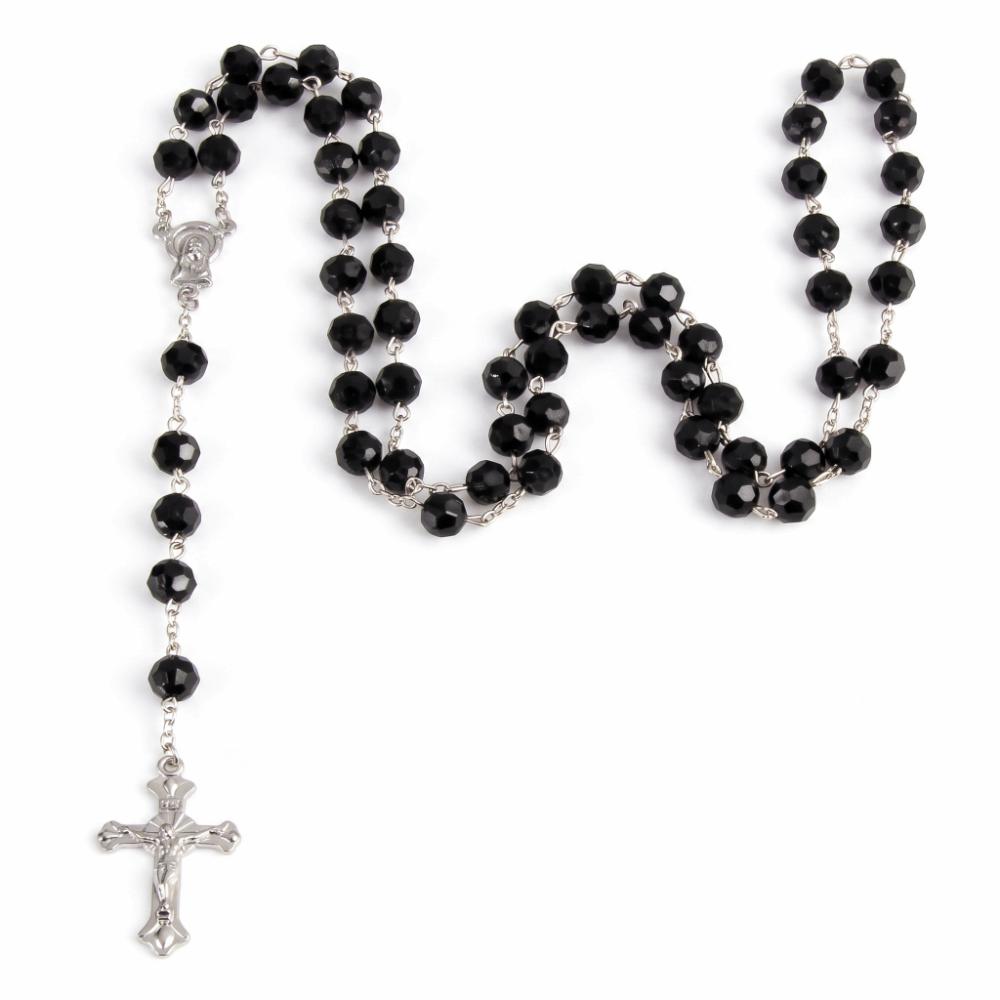 Katholischer Rosenkranz Kreuz Anhänger Halskette Lange Kette 8mm Perlen Rosenkranz Halskette Kristallperlen Religiöser Kruzifix Anhänger Kette