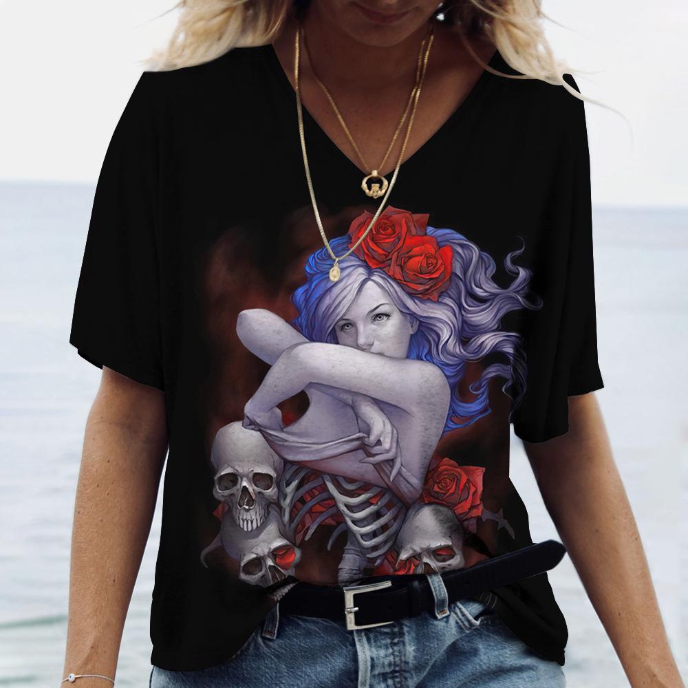 Summer V-neck 3D Funny Face Printed Top Fashionable Casual Short Sleeved Women's T-shirts