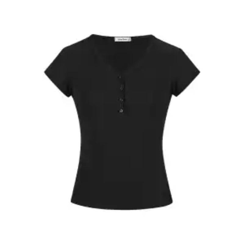 Women's V Neck Henley T-shirt Ribbed Knit Short Sleeve Slim Fit Solid Color Casual Daily Top