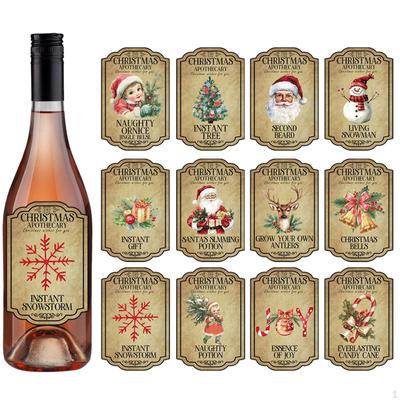 12 Adet Noel Şarap Şişesi Etiketi Çıkartması Dekorasyon Çıkartması, Taşınabilir, Kendinden Yapışkanlı