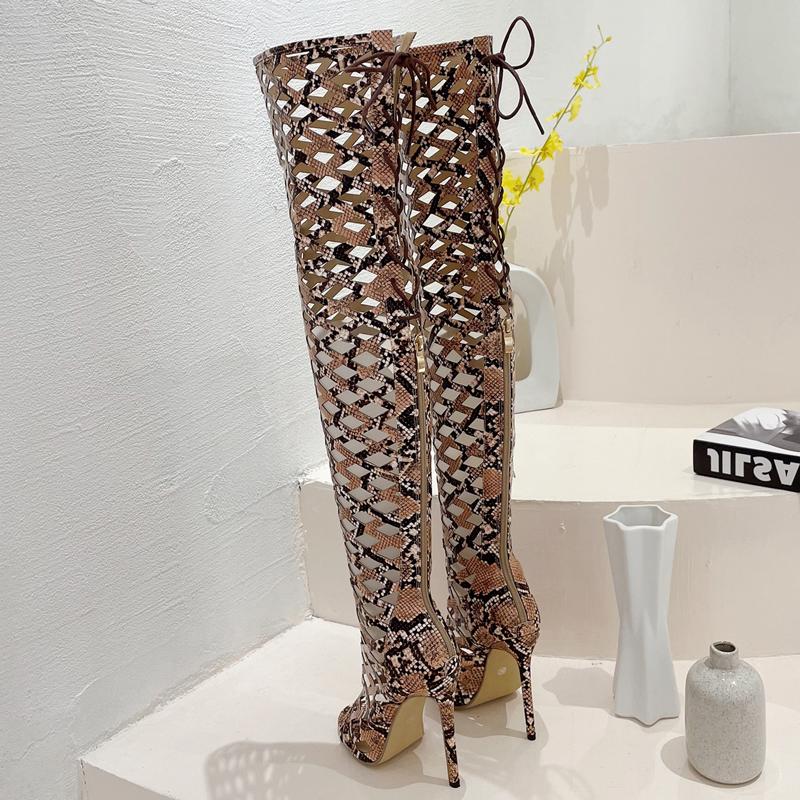 Eilyken Serpentine Peep Toe Vyhĺbené čižmy nad kolená Žena Sexy Šnurovanie Nočný klub Párty Tenké topánky na vysokých podpätkoch