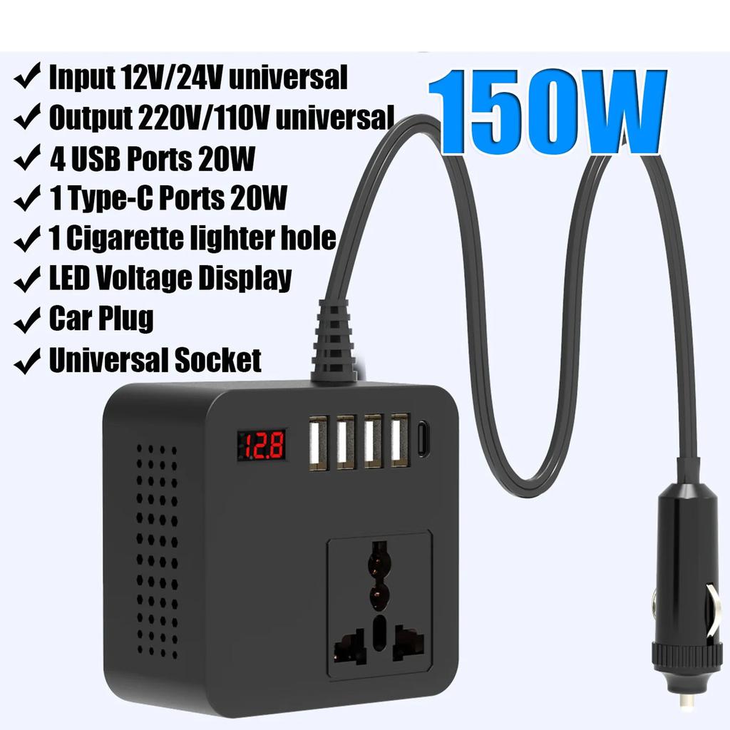 Efficient 12V 24V To 110V 220V Electricity Changer with 4 USB Ports & Type C Automotive Power Adapter for Road Trips