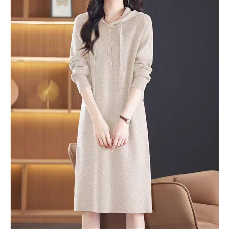 Hooded Autumn and Winter Knitted Dress New Casual Long Loose Women's Sweater Skirt Outer Wear