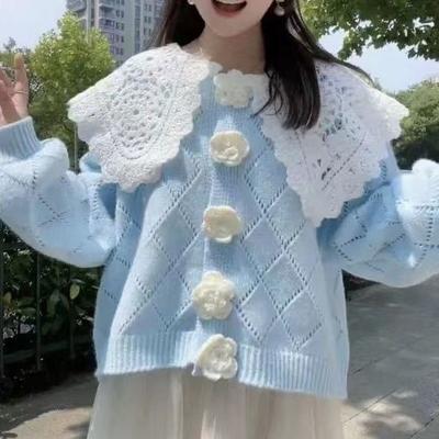 Cardigan pull femme tridimensionnel fleur tricoté dentelle broderie col de poupée lâche mignon coréen pull cardigan