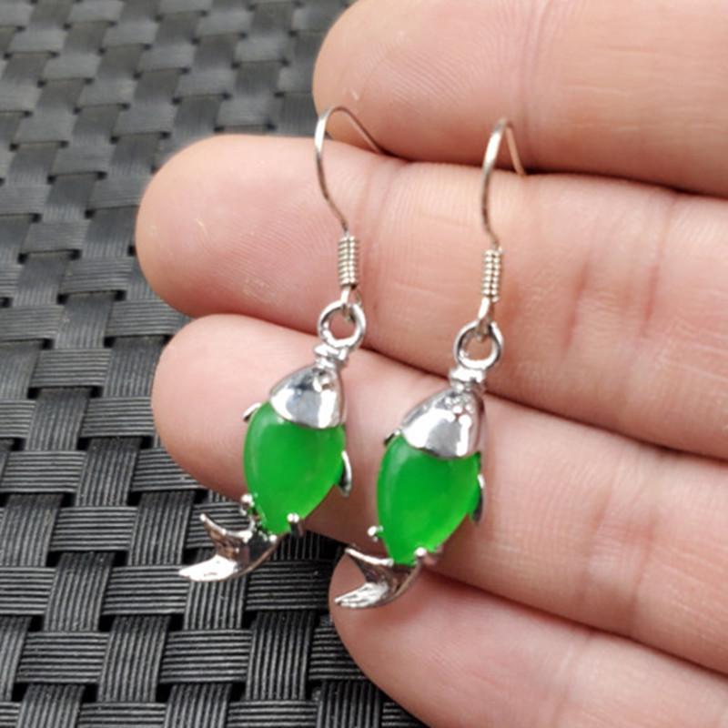 Emerald Green Quartzite Jade Small Fish Dangle Earrings Emerald Green Fish Design