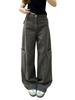 Extra Long Grey Wide-Leg Cargo Jeans for Women - Loose High Waist, Slimming, Straight-Leg, Floor-Length