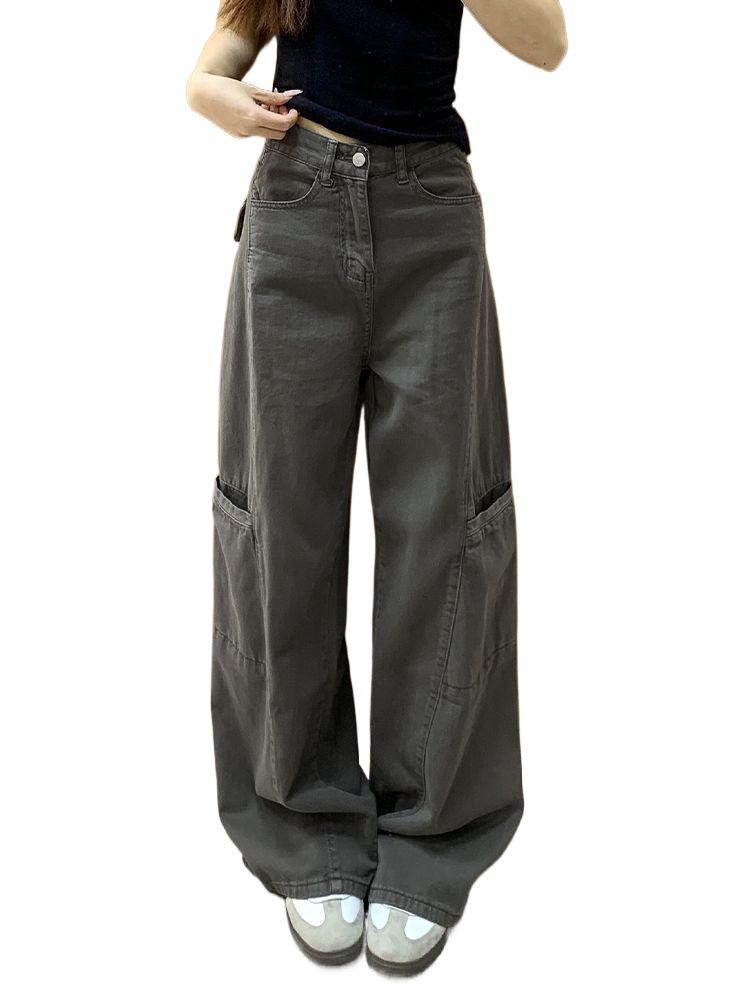 Extra Long Grey Wide-Leg Cargo Jeans for Women - Loose High Waist, Slimming, Straight-Leg, Floor-Length