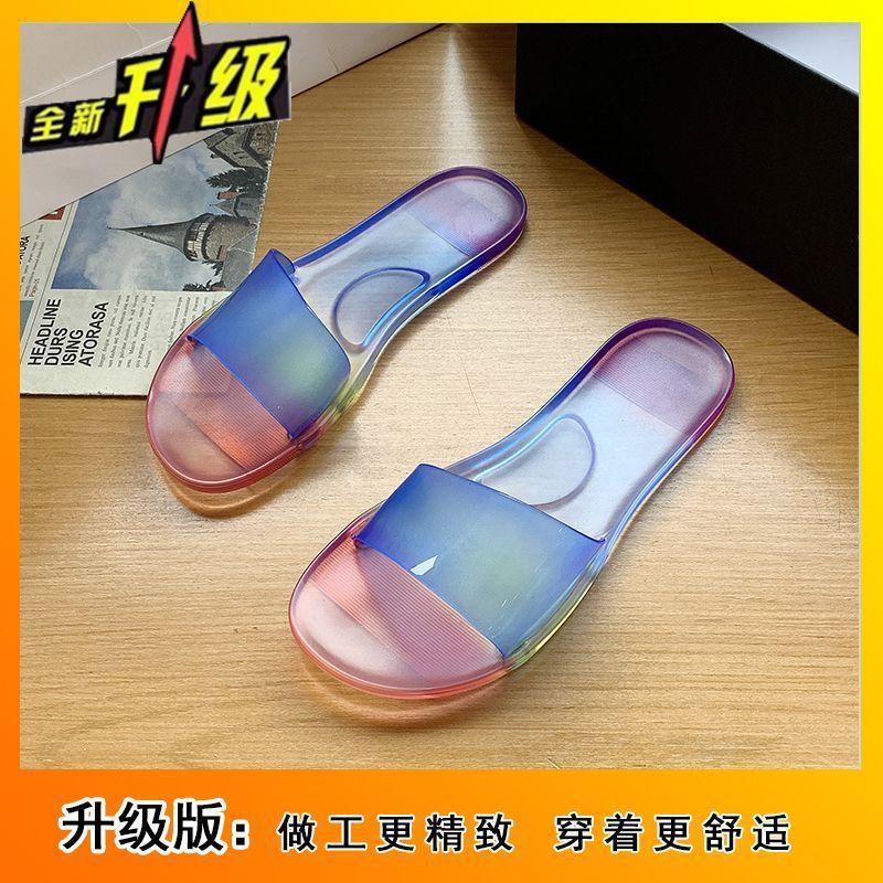Internet Celebrity Beach One-word Outdoor Wear Seaside Sandals 2025 New Fashion Crystal Transparent Cool Slippers Women's Summer Wear