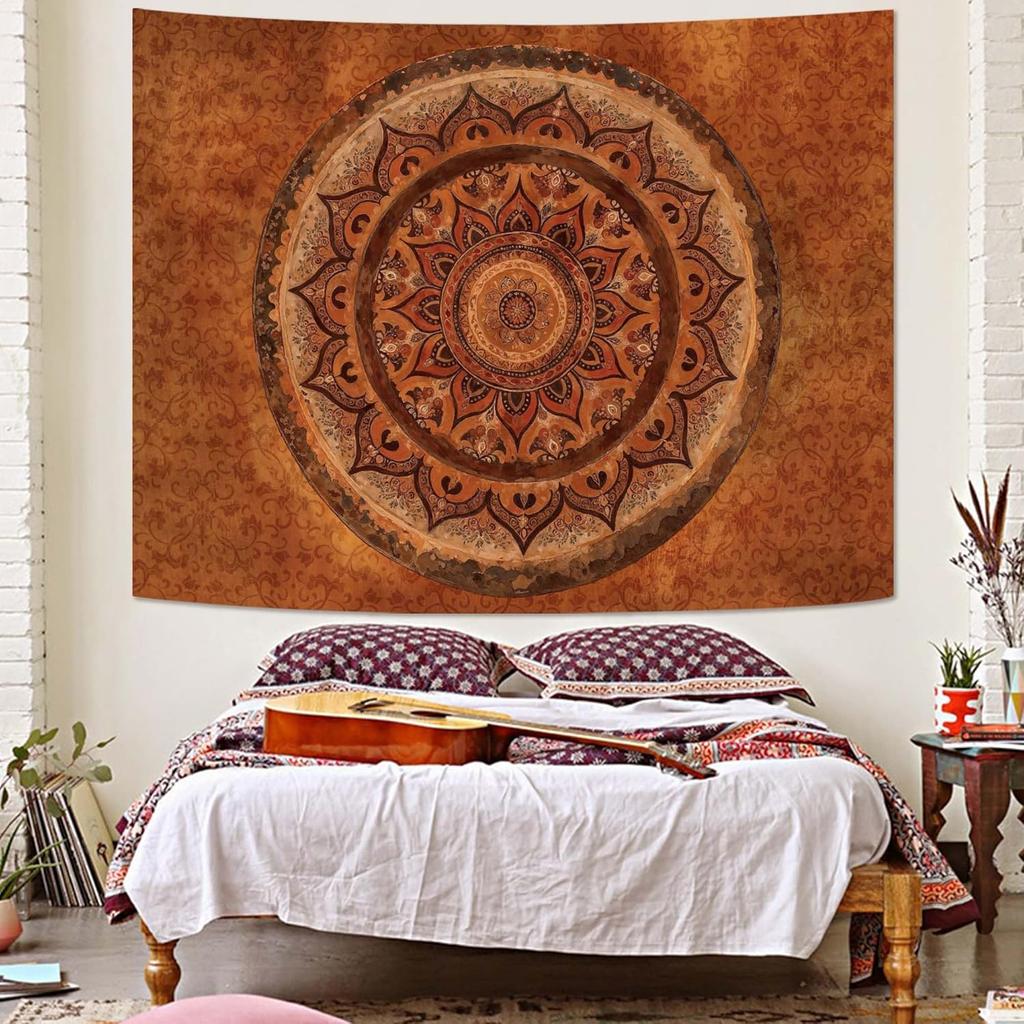 Boho Mandala Gobelin Wiszący na Ścianę Hippie Bohemski Kwiatowy Medalion Indyjski Gobelin Estetyczny Artystyczny Wystrój Ściany Duży Vintage Pomarańczowy