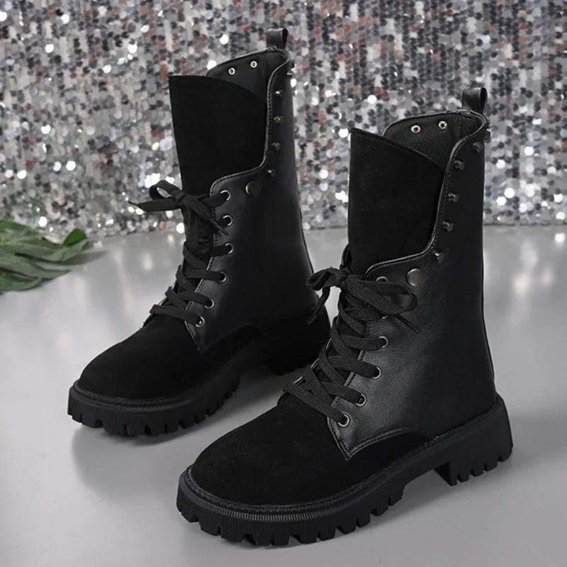 Fashion 2024 Fashion Shoes for Women Lace Up Women's Boots Autumn Round Toe Suede Solid Middle Barrel Chunky Heels Large Size Boots
