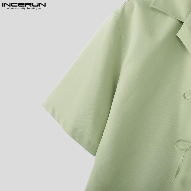 INCERUN Oversized Men Casual Lapel Neck Short Sleeve Bow Knot Solid Color Shirts Tops
